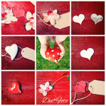 red wood background with hearts and flowers - collage